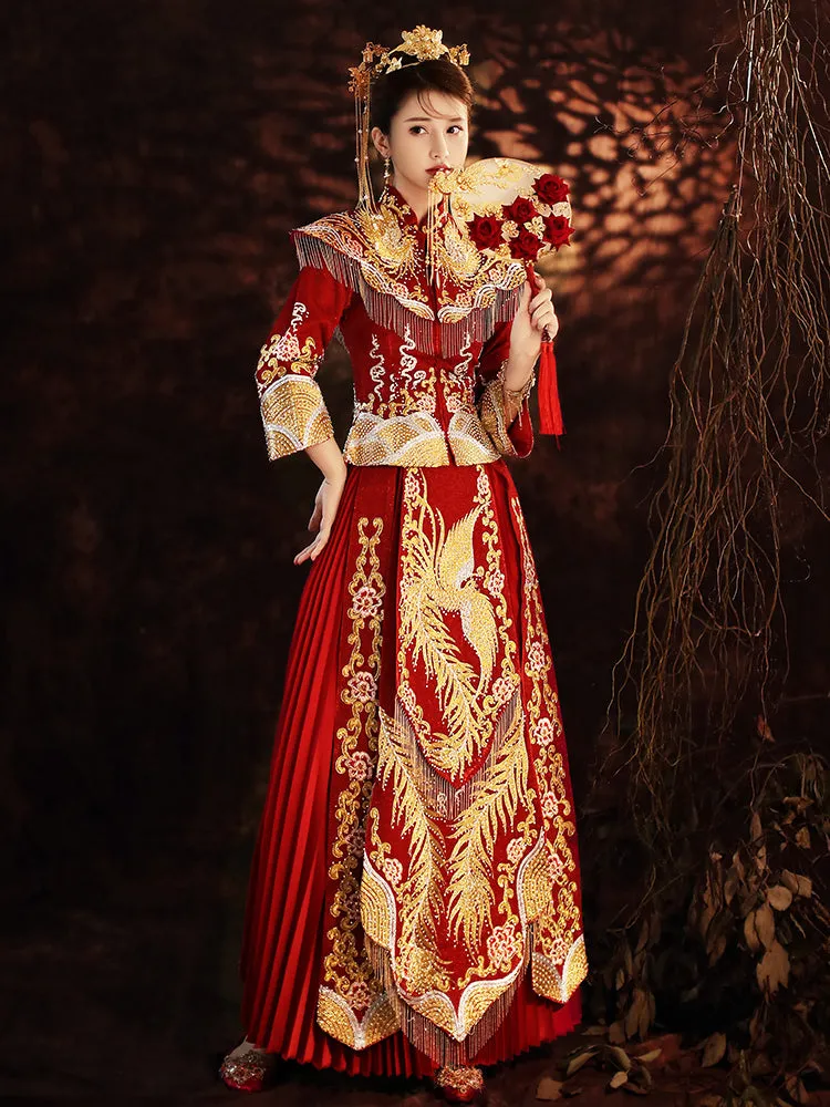 Phoenix Embroidery & Sequins Pleated Skirt Traditional Chinese Wedding Suit