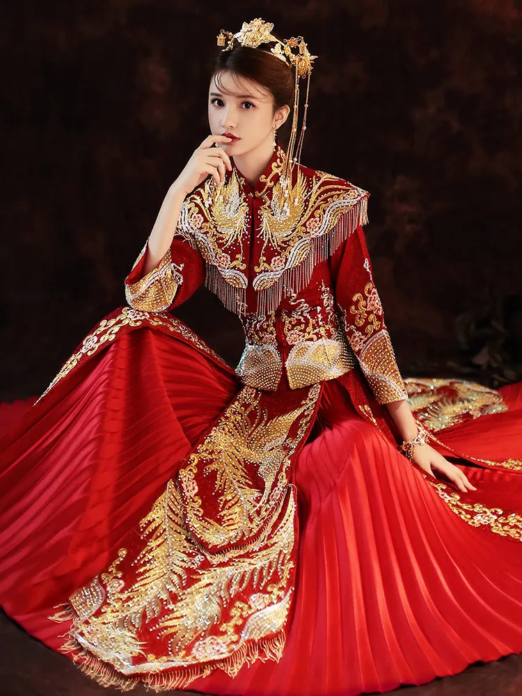 Phoenix Embroidery & Sequins Pleated Skirt Traditional Chinese Wedding Suit