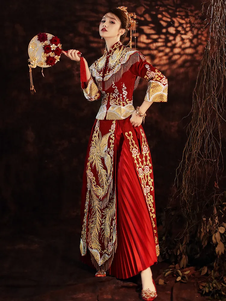 Phoenix Embroidery & Sequins Pleated Skirt Traditional Chinese Wedding Suit
