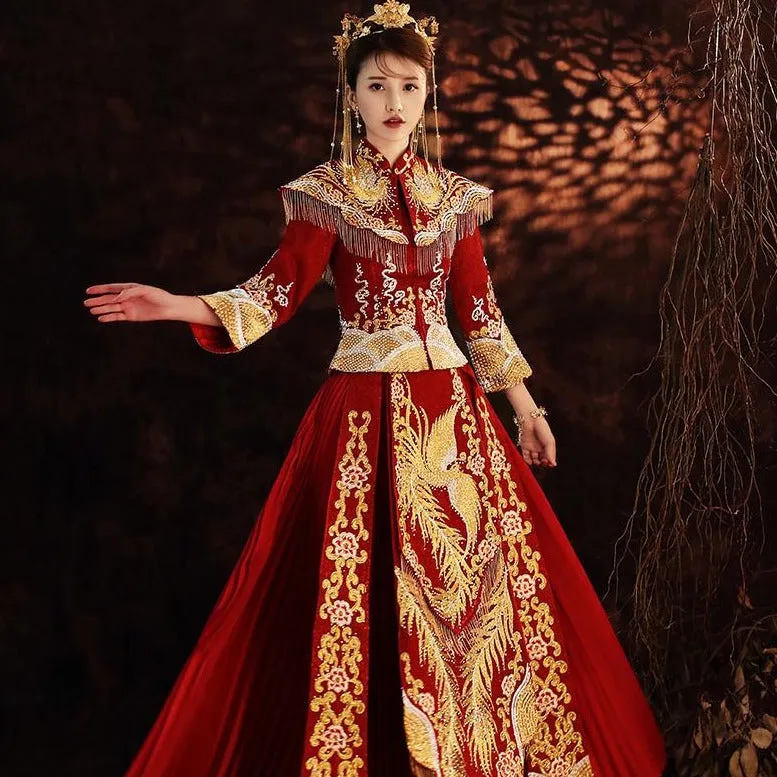 Phoenix Embroidery & Sequins Pleated Skirt Traditional Chinese Wedding Suit