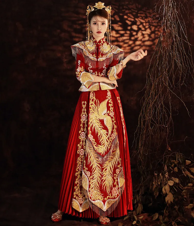 Phoenix Embroidery & Sequins Pleated Skirt Traditional Chinese Wedding Suit