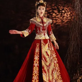 Phoenix Embroidery & Sequins Pleated Skirt Traditional Chinese Wedding Suit