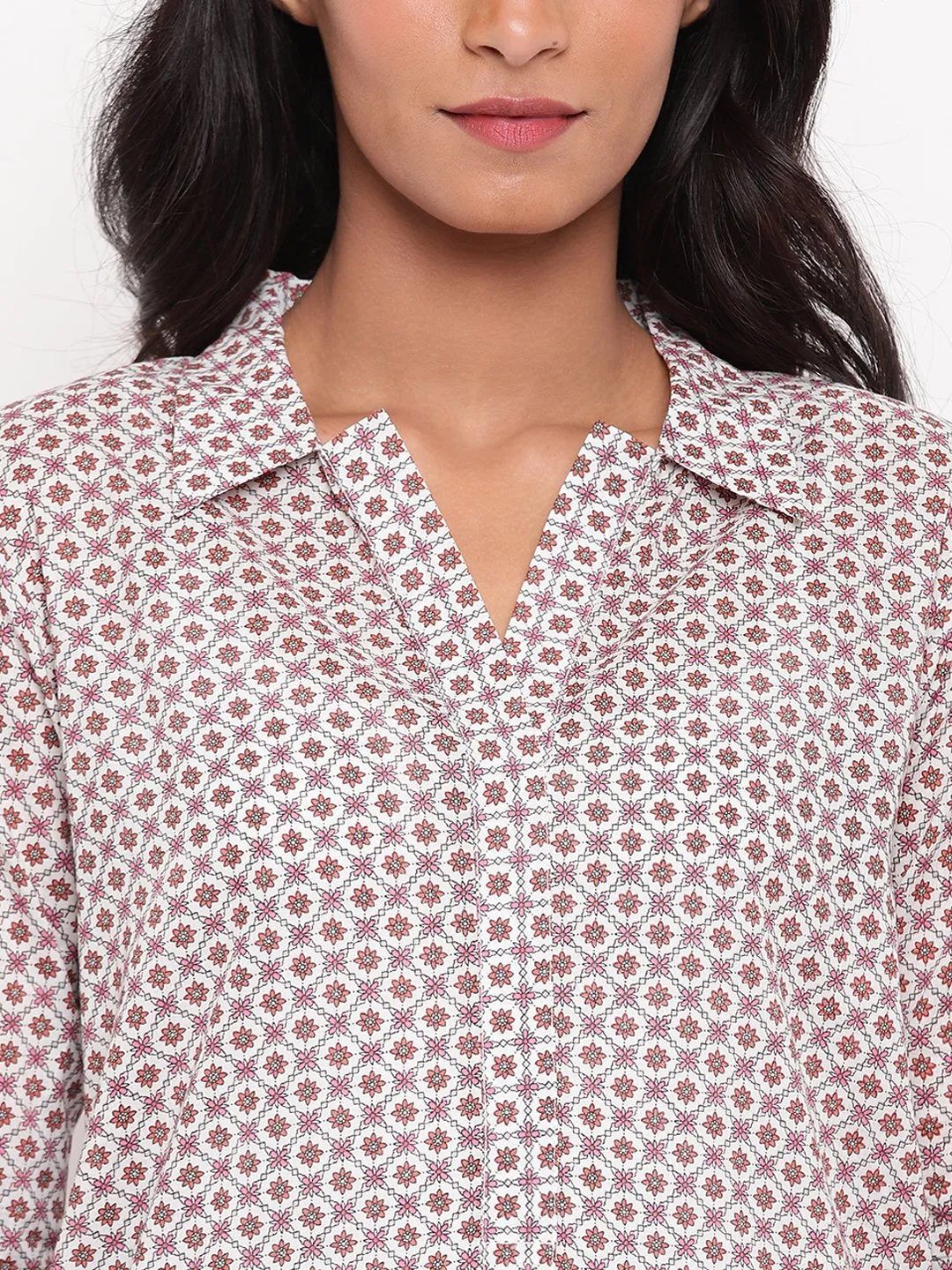 Pink Grid Collar Slit Kurta