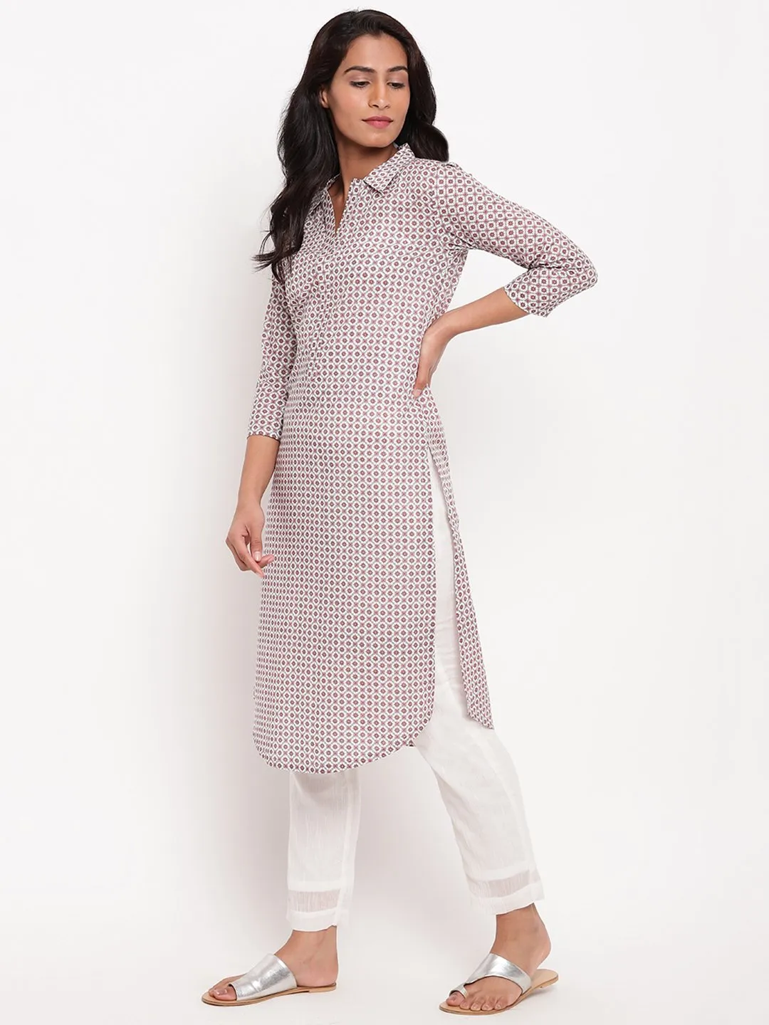Pink Grid Collar Slit Kurta