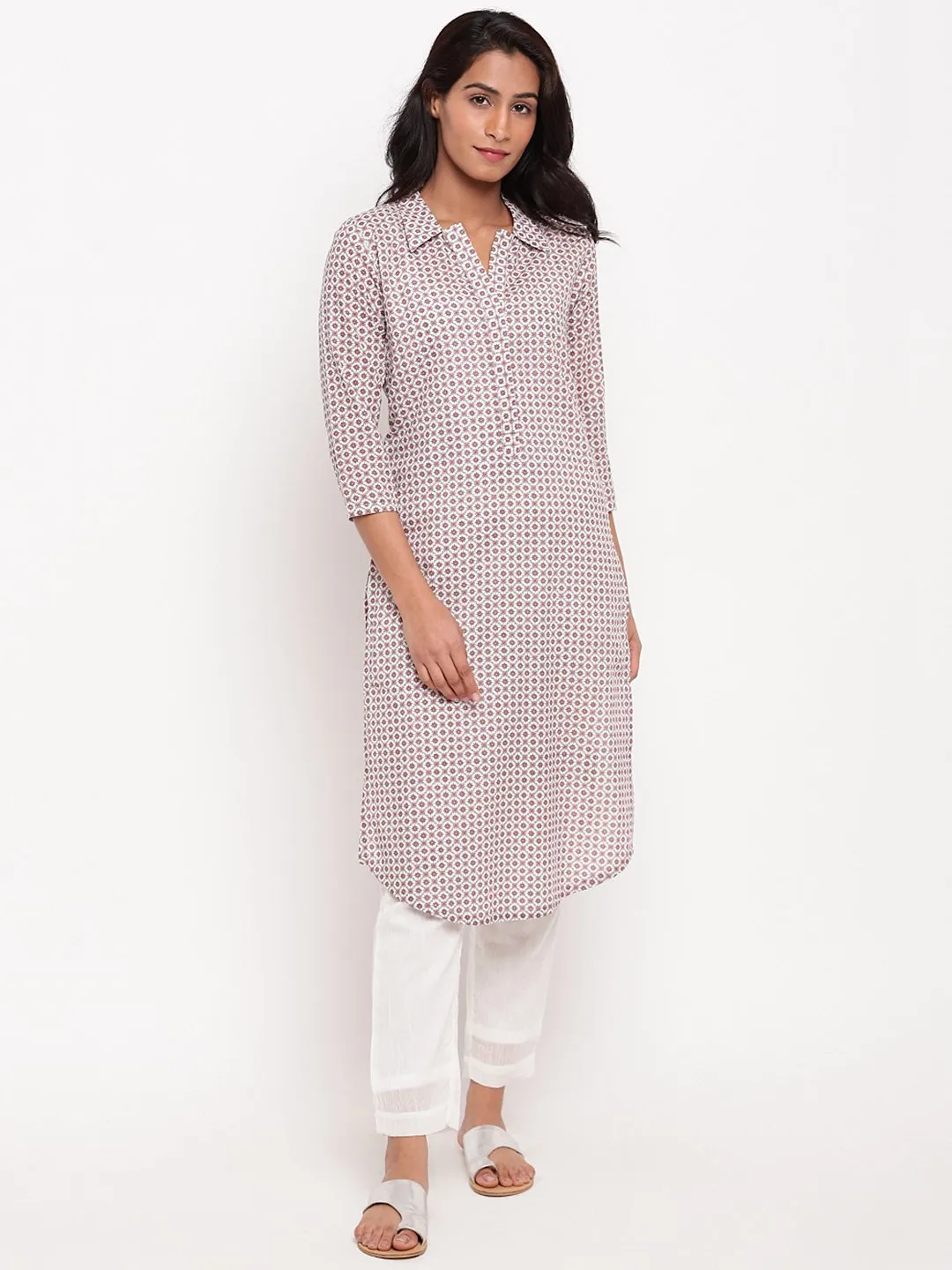 Pink Grid Collar Slit Kurta