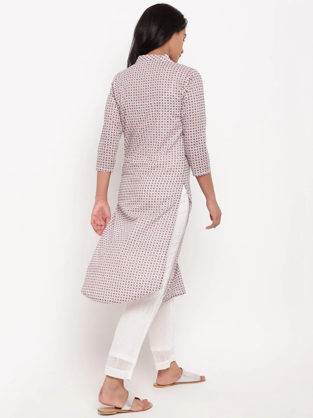 Pink Grid Collar Slit Kurta