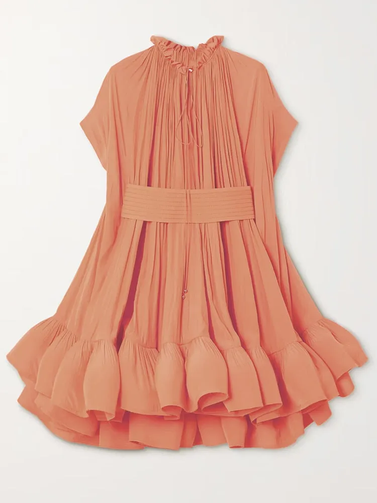 Pleated Puff Short Sleeve Belted Mini Dress