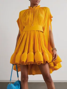 Pleated Puff Short Sleeve Belted Mini Dress