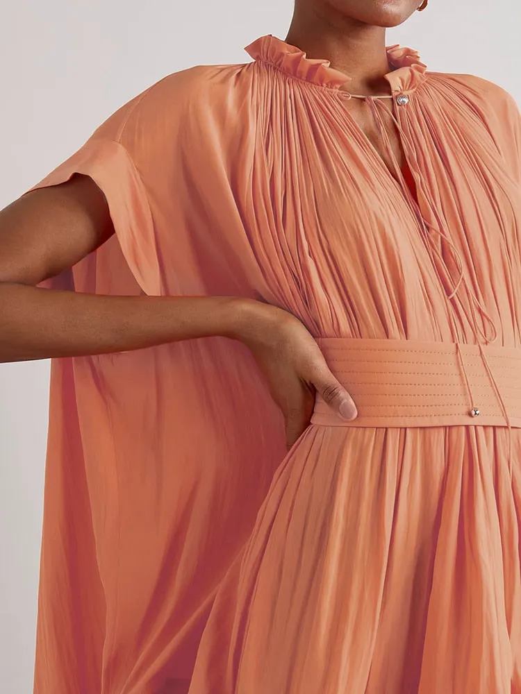 Pleated Puff Short Sleeve Belted Mini Dress