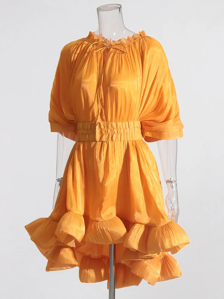 Pleated Puff Short Sleeve Belted Mini Dress