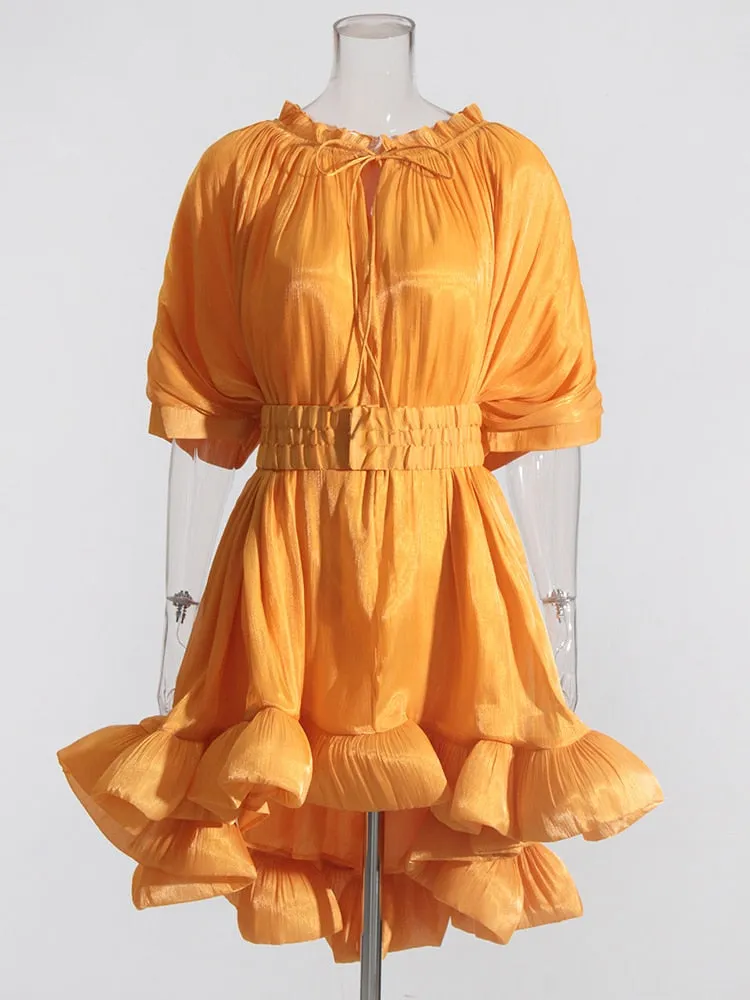 Pleated Puff Short Sleeve Belted Mini Dress