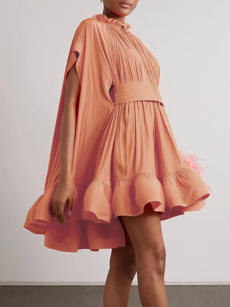 Pleated Puff Short Sleeve Belted Mini Dress