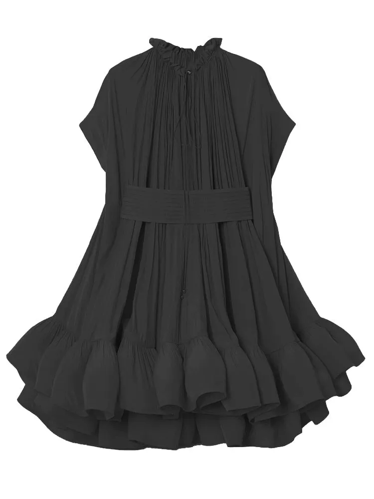 Pleated Puff Short Sleeve Belted Mini Dress