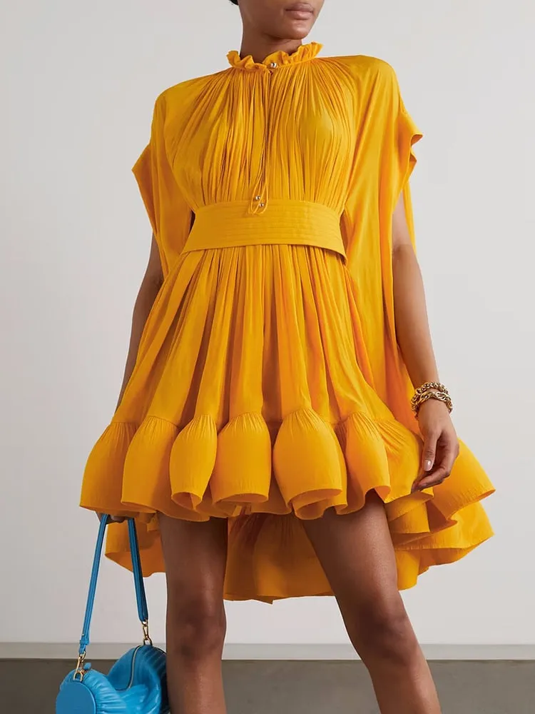 Pleated Puff Short Sleeve Belted Mini Dress