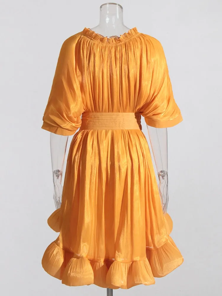 Pleated Puff Short Sleeve Belted Mini Dress