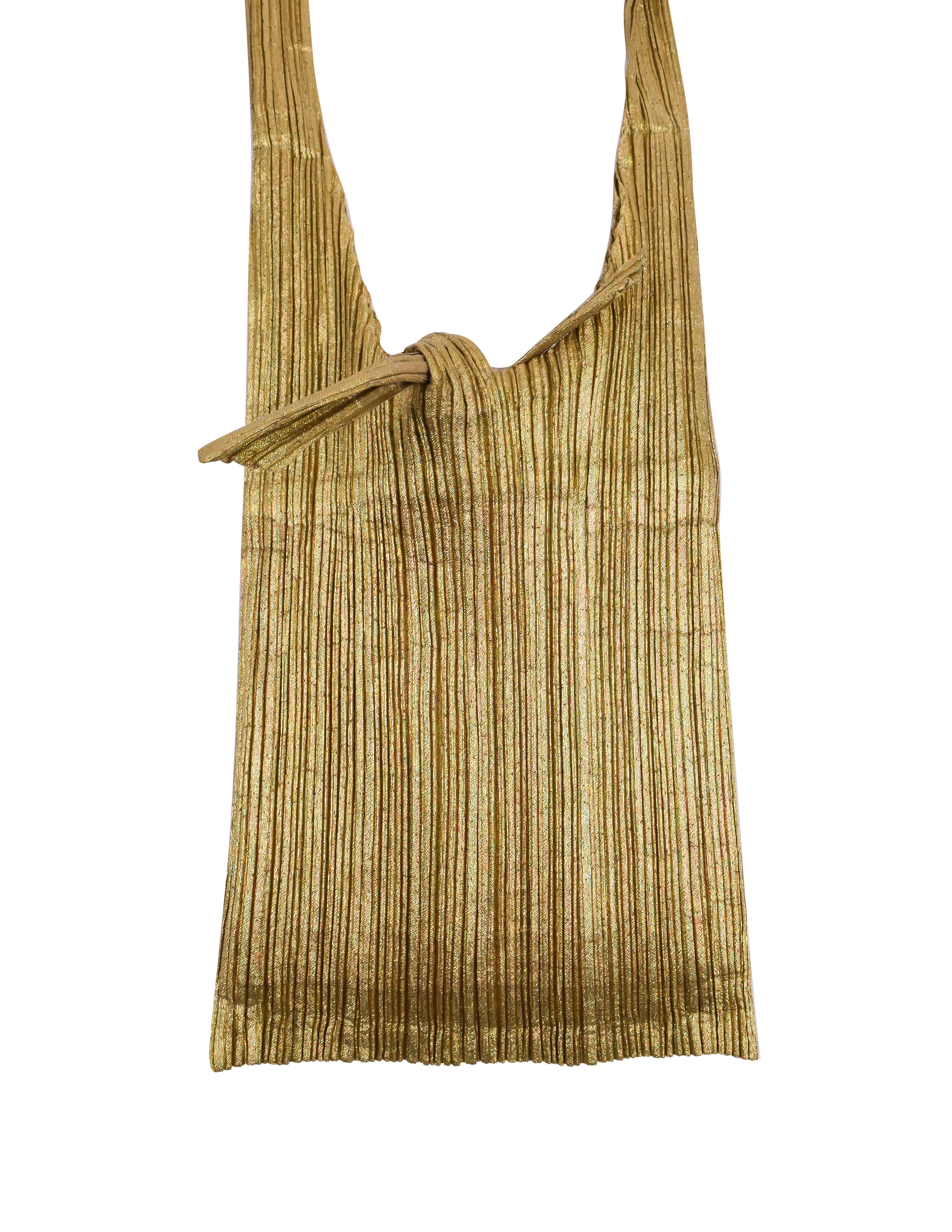 Pleats Please Vintage Metallic Gold Pleated Crossbody Satchel