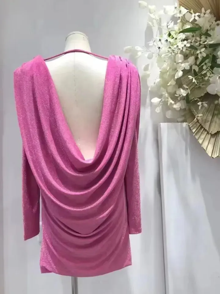 Pre Order:  Draped Metallic Backless Mini Dress