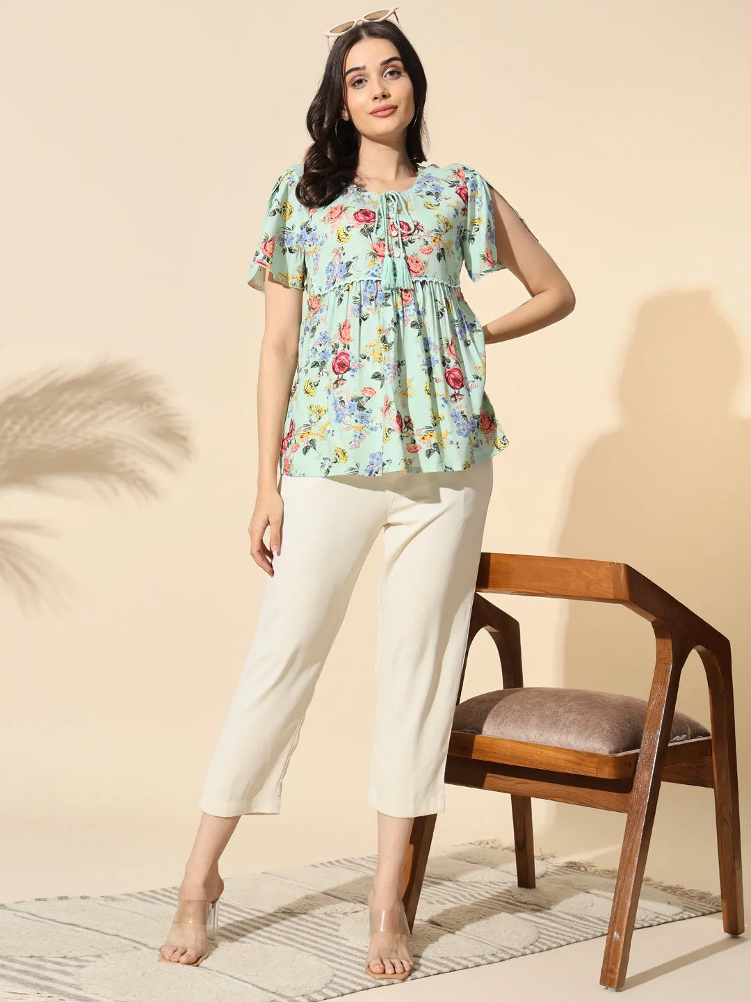 Printed Viscose Top With Tassels-#TP013- Green
