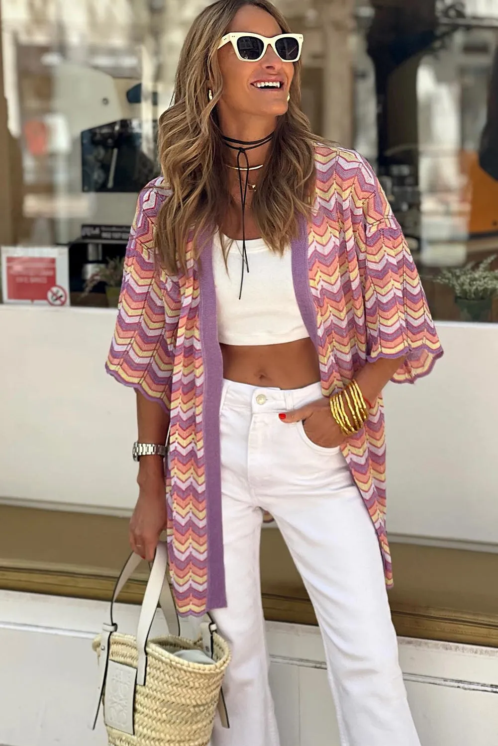 Purple Geometric Wavy Pattern Half Sleeve Tunic Cardigan