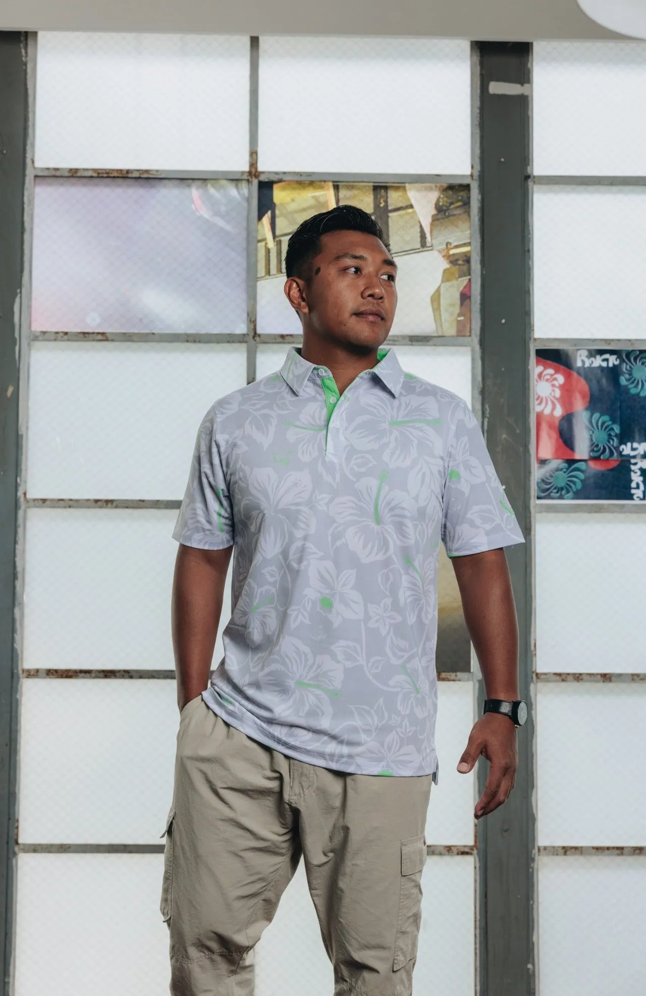"Silver Mint Bloom" - OGA Men's Polo - Silver / Neon Mint