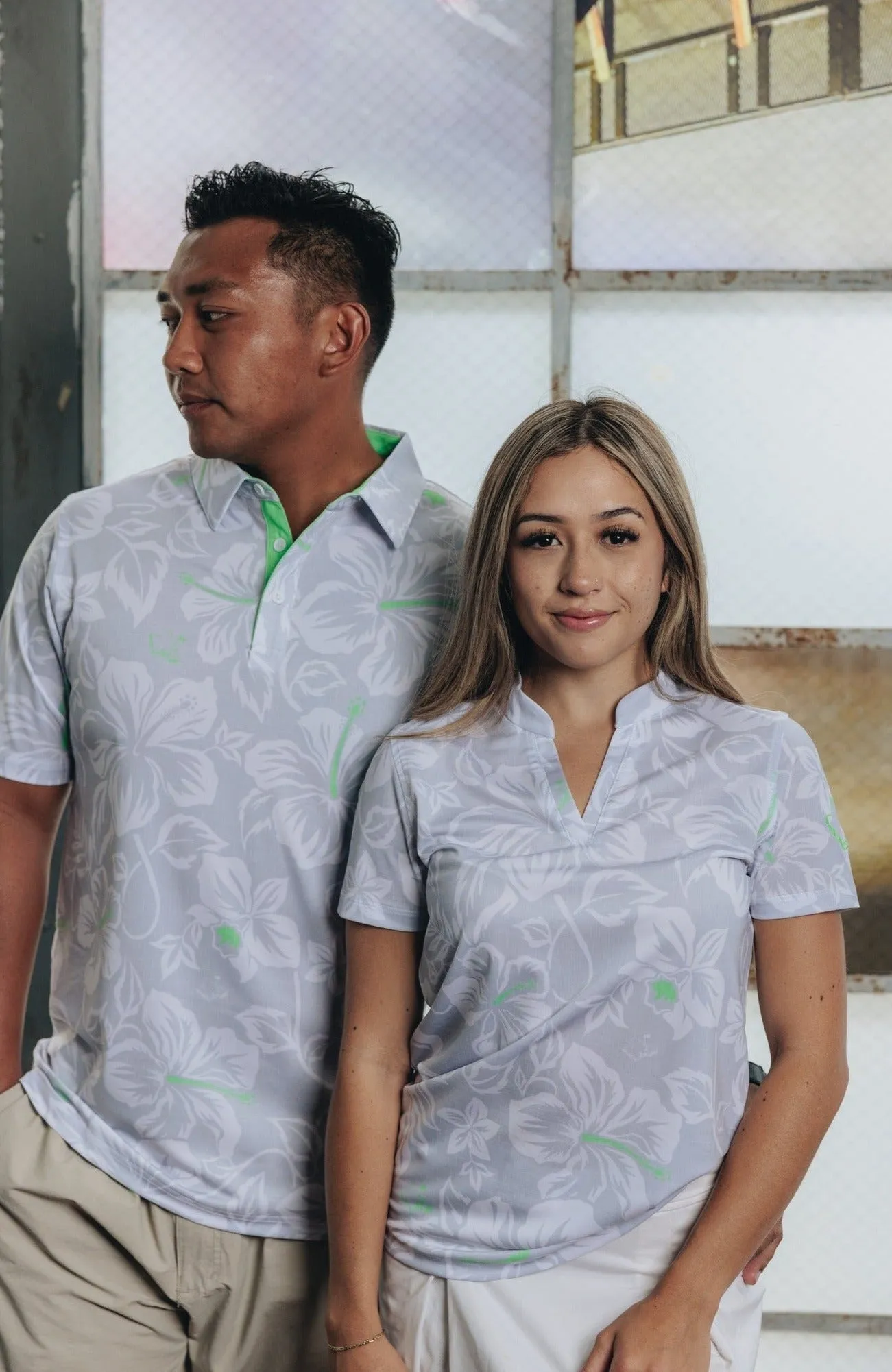 "Silver Mint Bloom" - OGA Men's Polo - Silver / Neon Mint