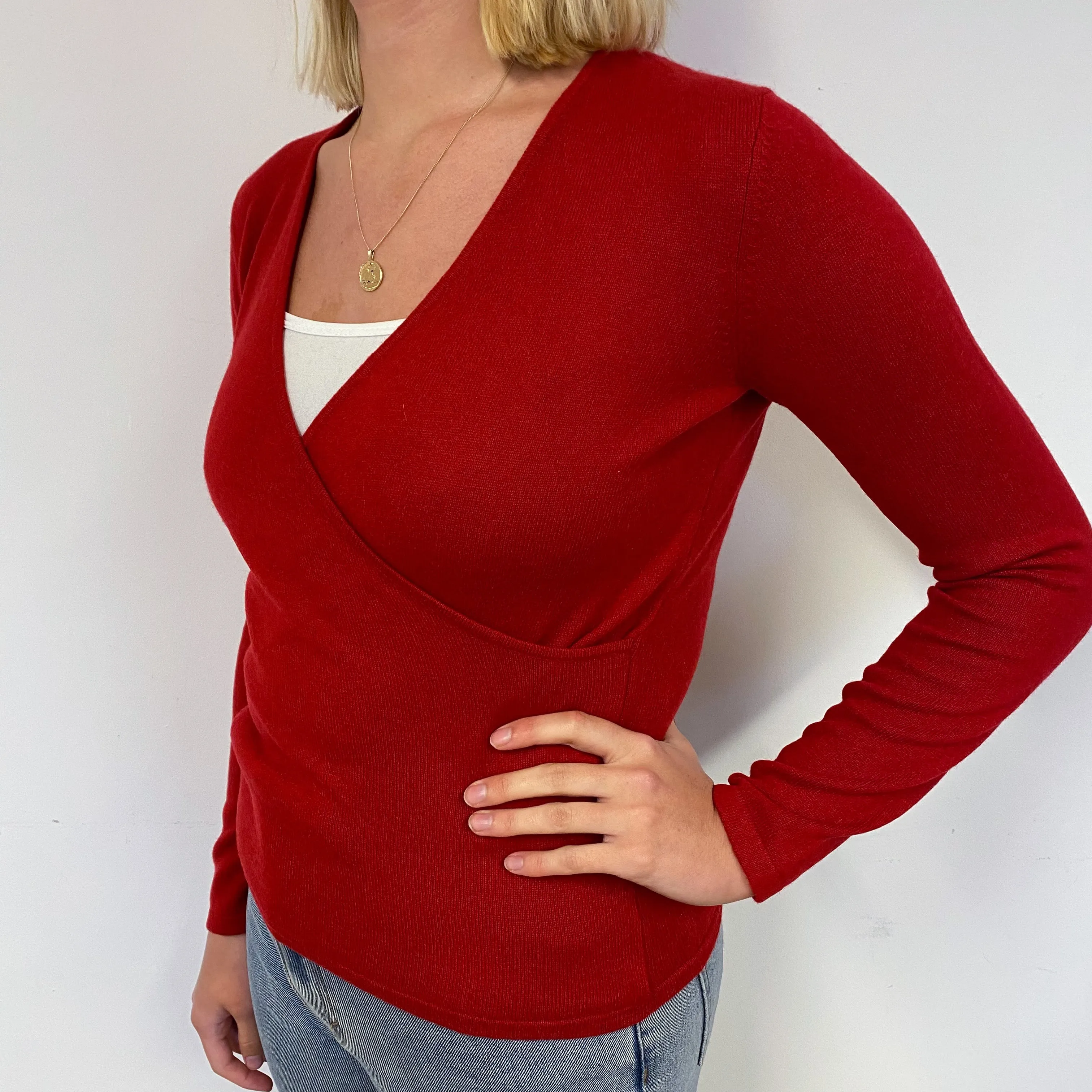Red Cross-Over Cashmere V-Neck Jumper Small