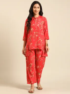 Red Printed Kurta Pant Set