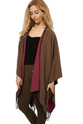 Reversible Knitted Tassel Fringe Poncho Wrap