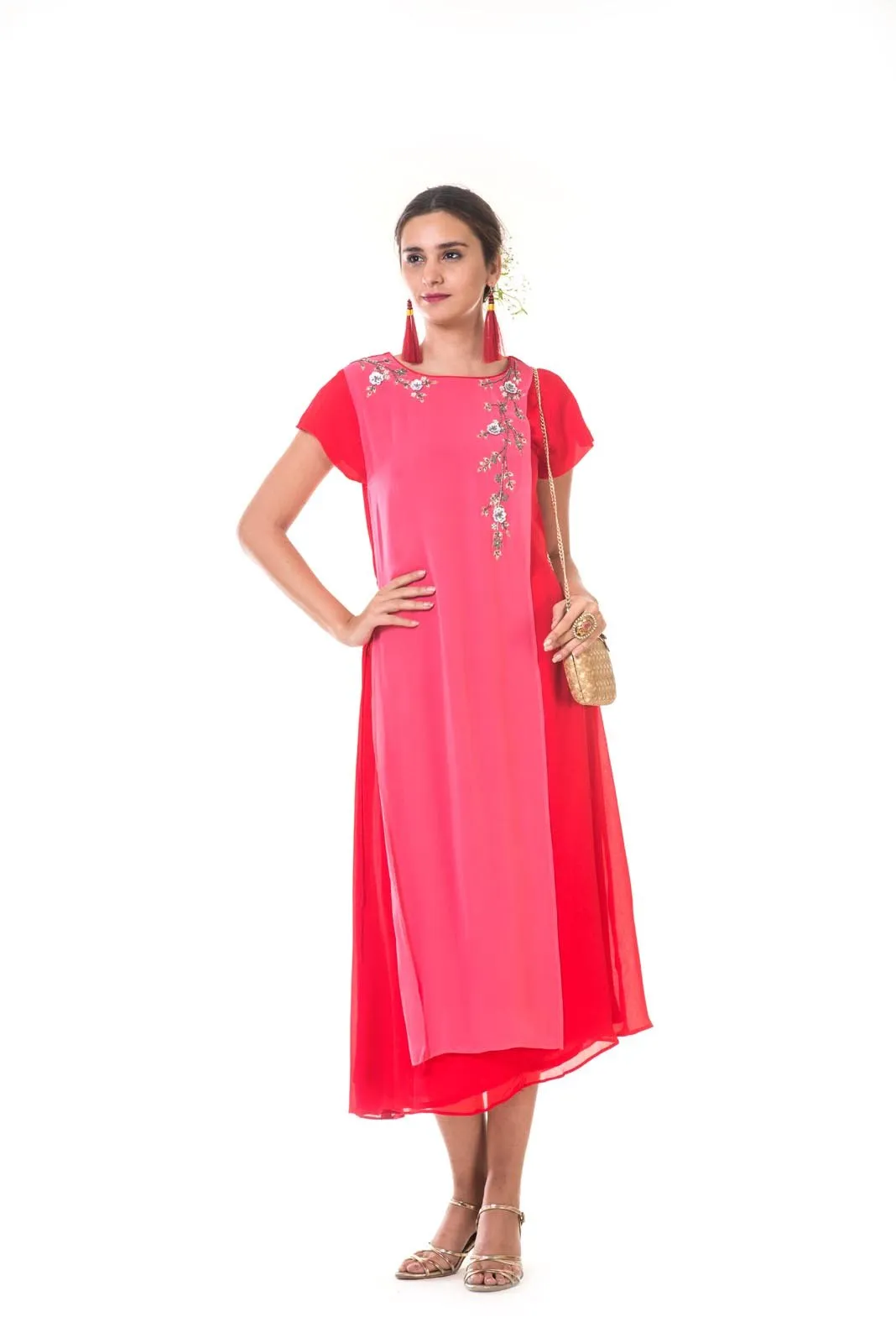 Rose Embroidered Red & Pink Layered Asymmetrical Tunic