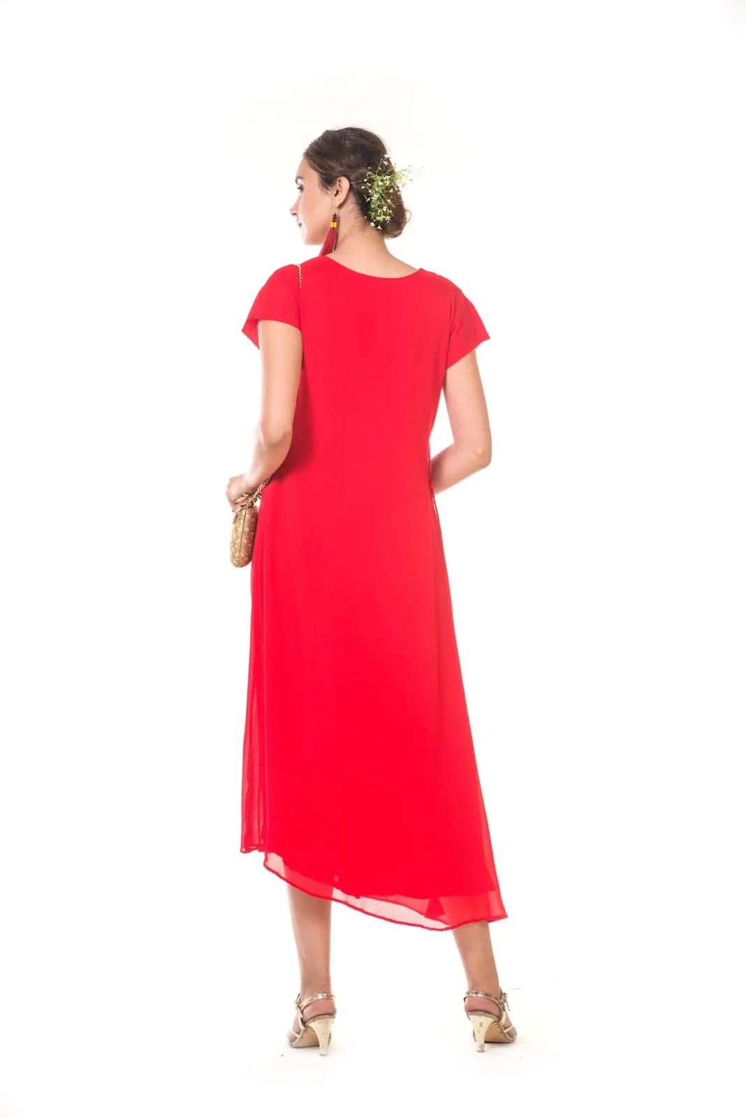Rose Embroidered Red & Pink Layered Asymmetrical Tunic