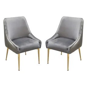 Set of (2) Quinn Dining Chairs w/ Vertical Outside Pleat Detail and Contoured Arm in Grey Velvet w/ Brushed Gold Metal Leg by Diamond Sofa