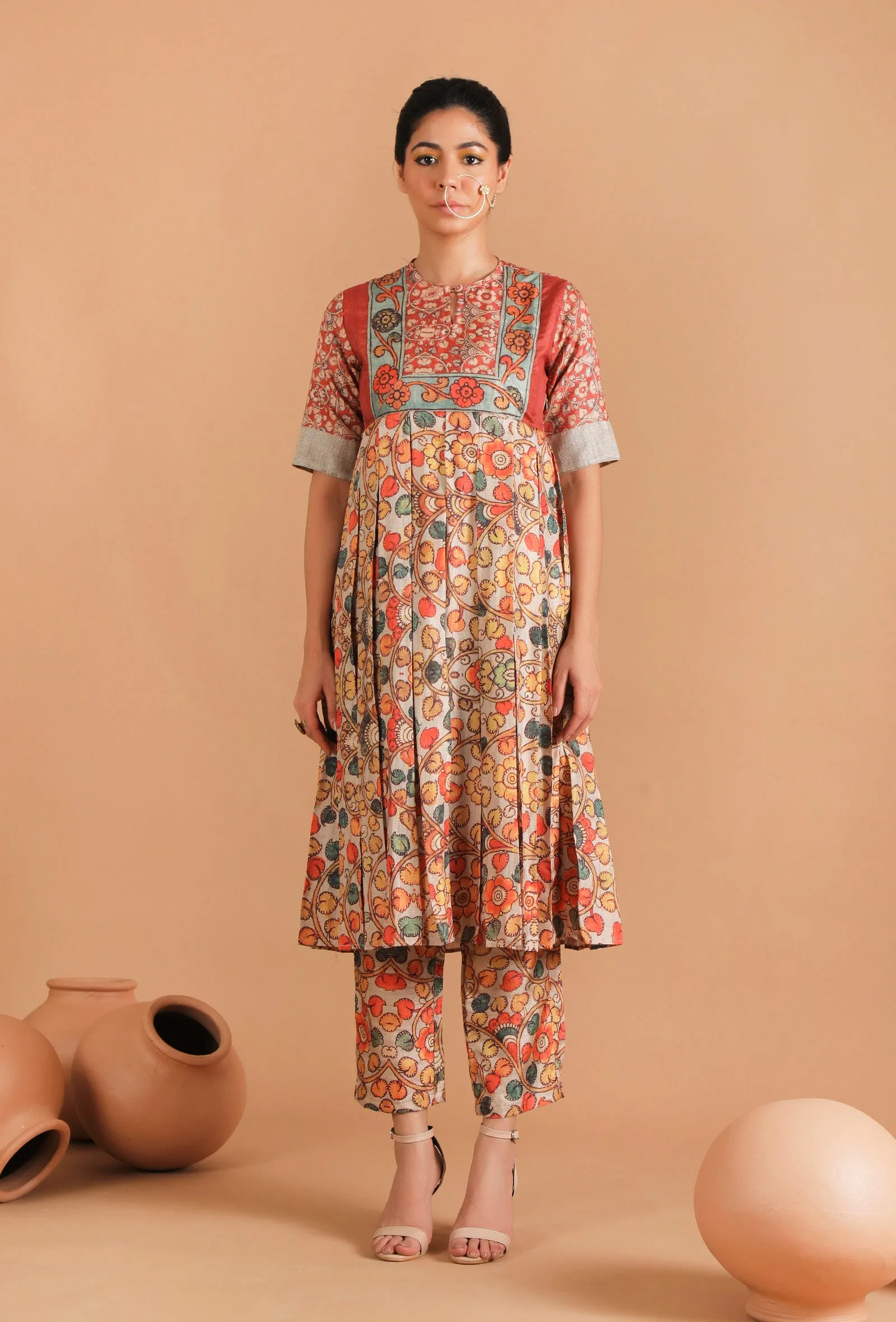 Set Of 3: Damini Box Pleated Kalamkari Kurta Set With Sheer Organza Dupatta