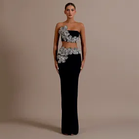 Sexy Floral Rhinestone Embedded Tube Top, Long Skirt Two Piece Set