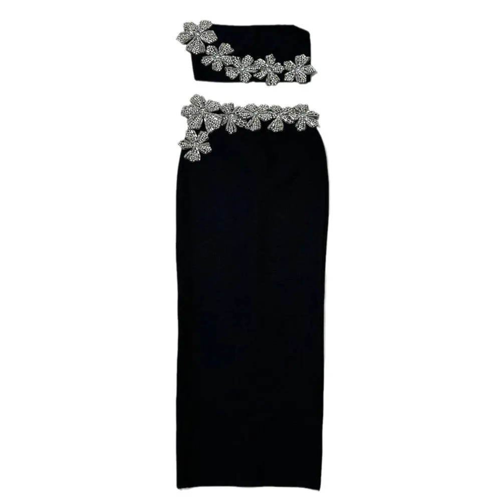 Sexy Floral Rhinestone Embedded Tube Top, Long Skirt Two Piece Set