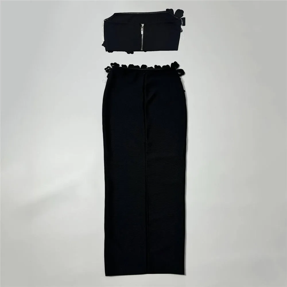 Sexy Floral Rhinestone Embedded Tube Top, Long Skirt Two Piece Set