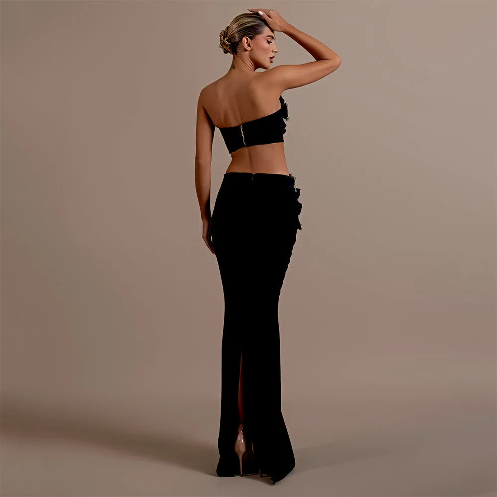 Sexy Floral Rhinestone Embedded Tube Top, Long Skirt Two Piece Set