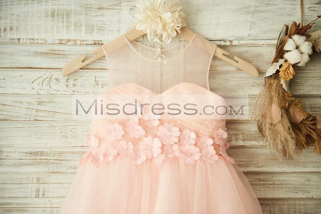 Sheer Neck Peach Tulle Wedding Flower Girl Dress, Beading 3D Flowers