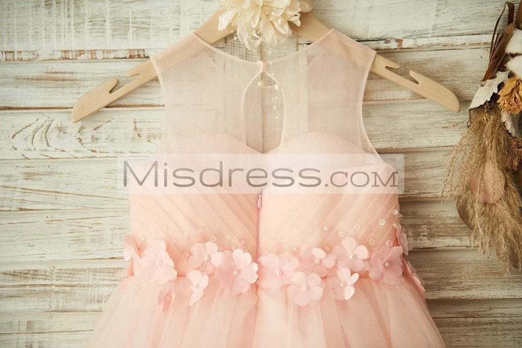 Sheer Neck Peach Tulle Wedding Flower Girl Dress, Beading 3D Flowers