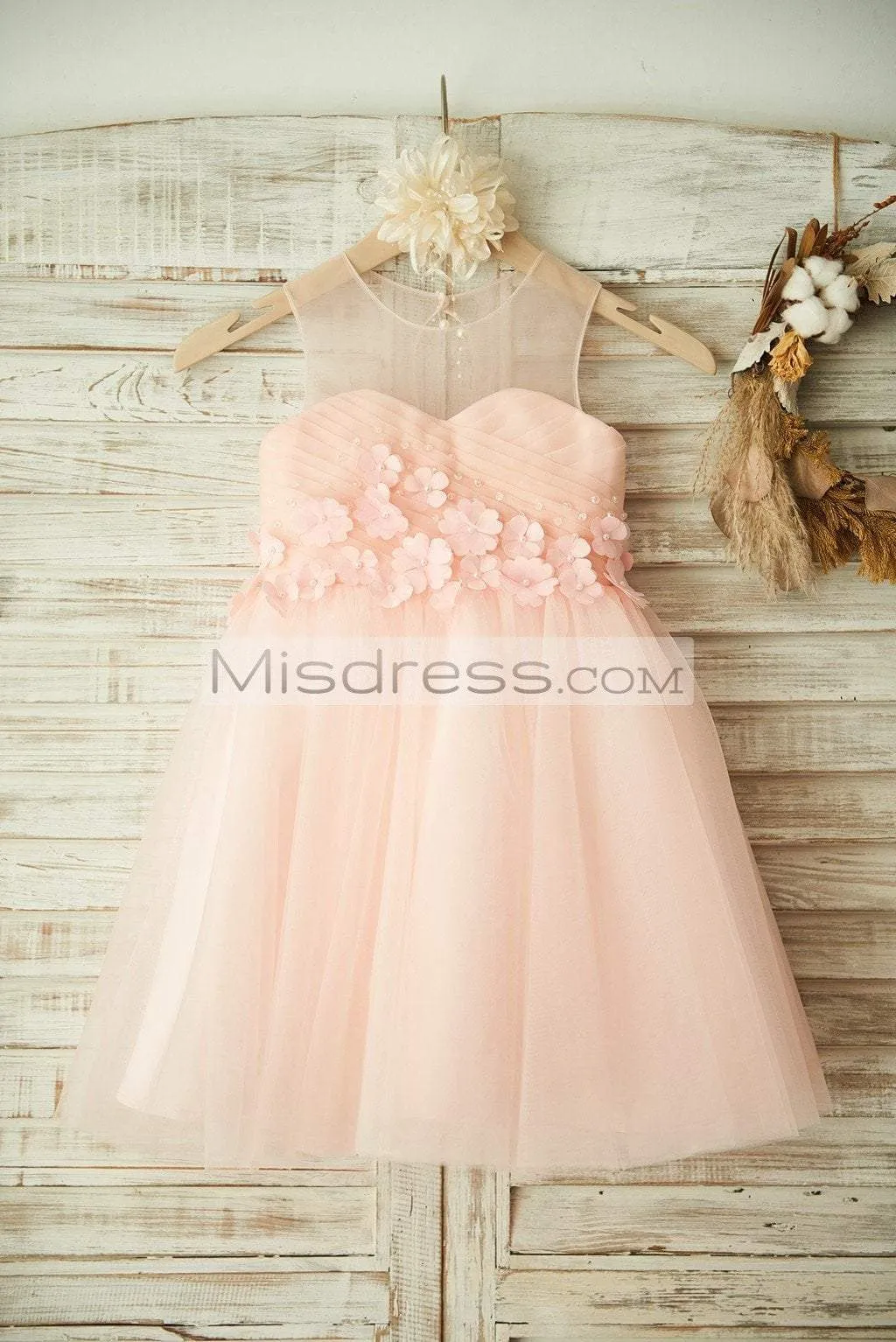Sheer Neck Peach Tulle Wedding Flower Girl Dress, Beading 3D Flowers