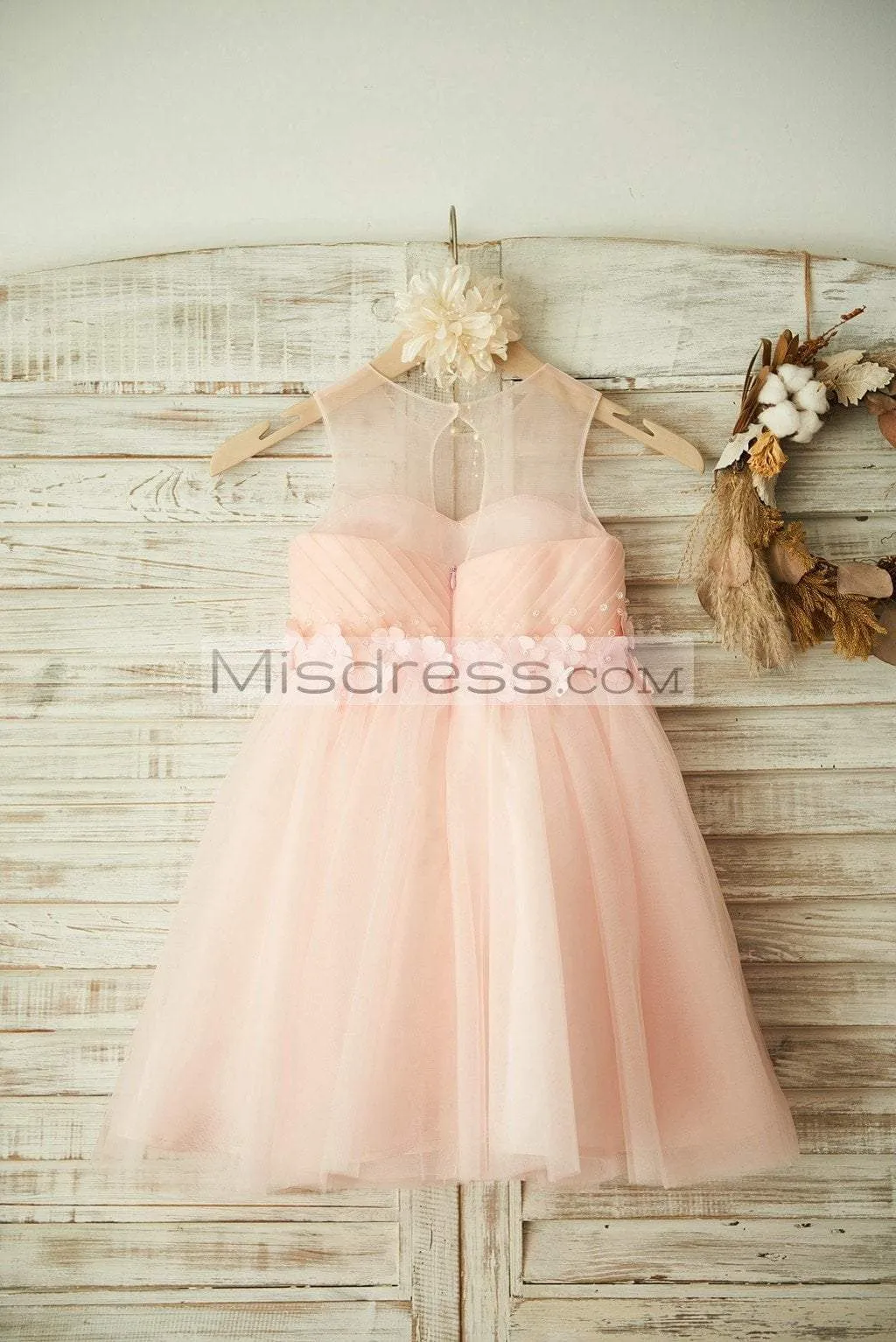 Sheer Neck Peach Tulle Wedding Flower Girl Dress, Beading 3D Flowers