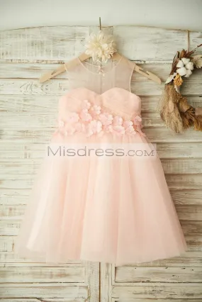 Sheer Neck Peach Tulle Wedding Flower Girl Dress, Beading 3D Flowers