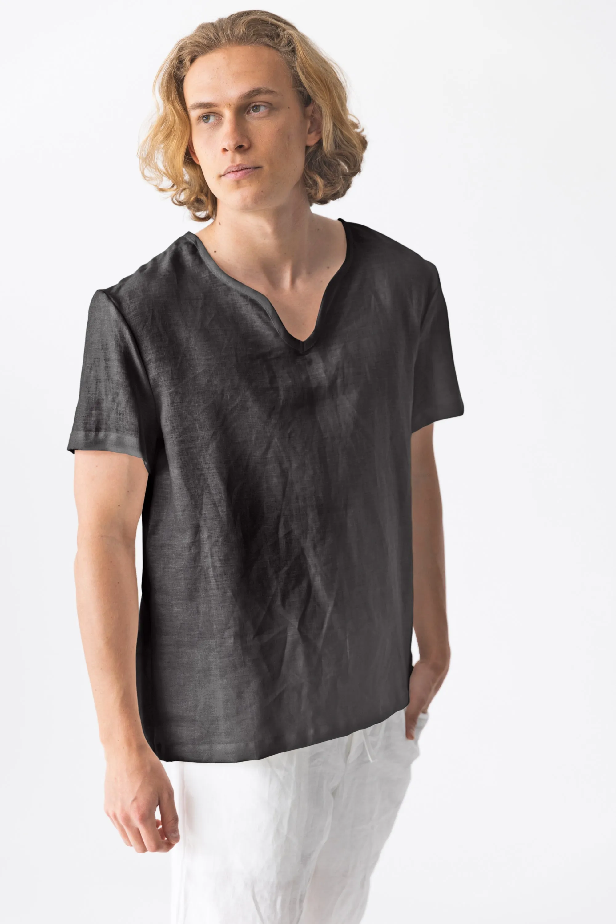 Short-sleeved linen tunic jet-black - Marcelo