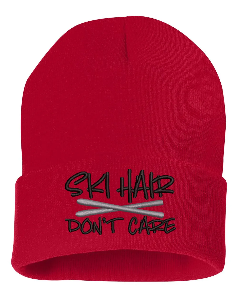 SKI HAIR DON'T CARE Embroidered Cuffed Beanie Hat