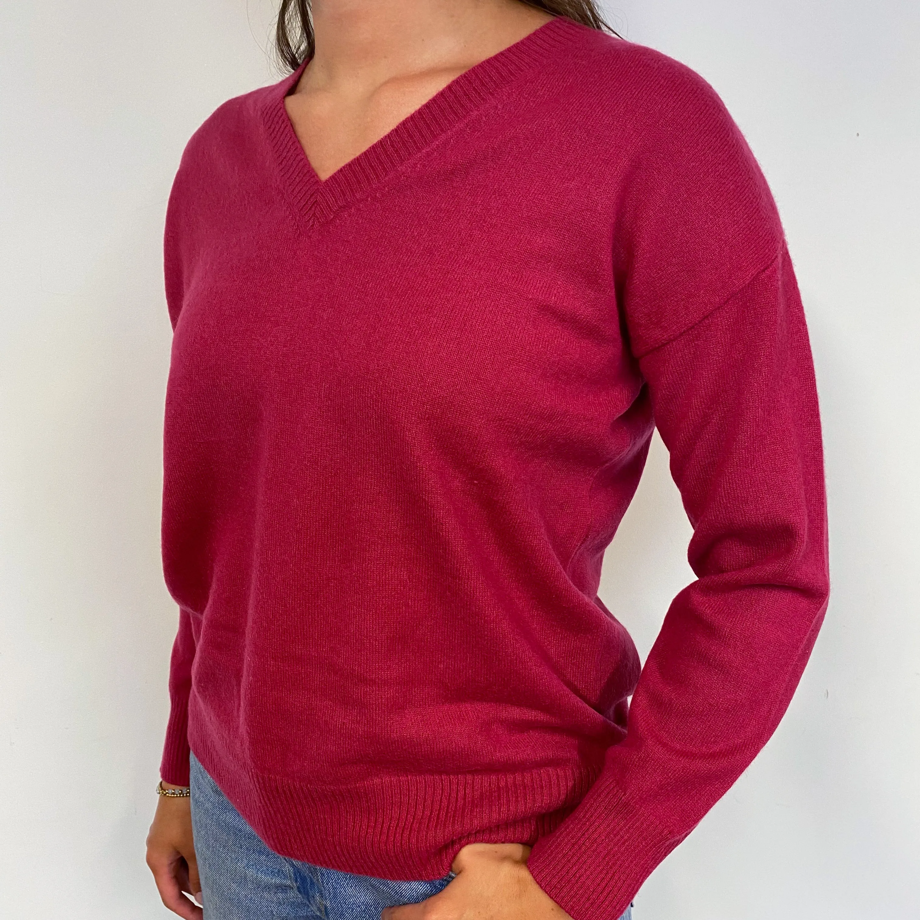 Slouchy Cherry Pink Cashmere V-Neck Jumper