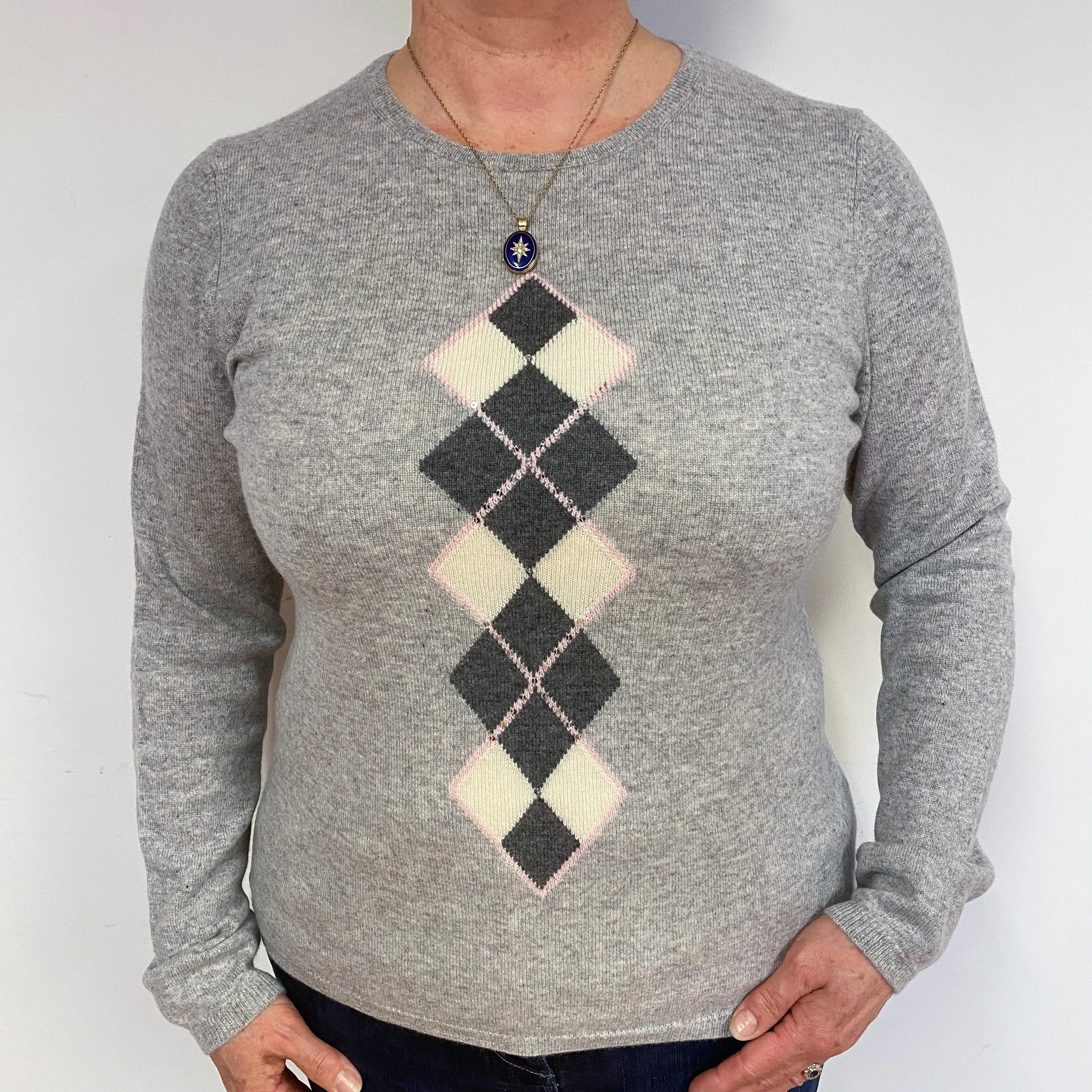 Smoke Grey Diamond Cashmere Crew Neck Jumper Large