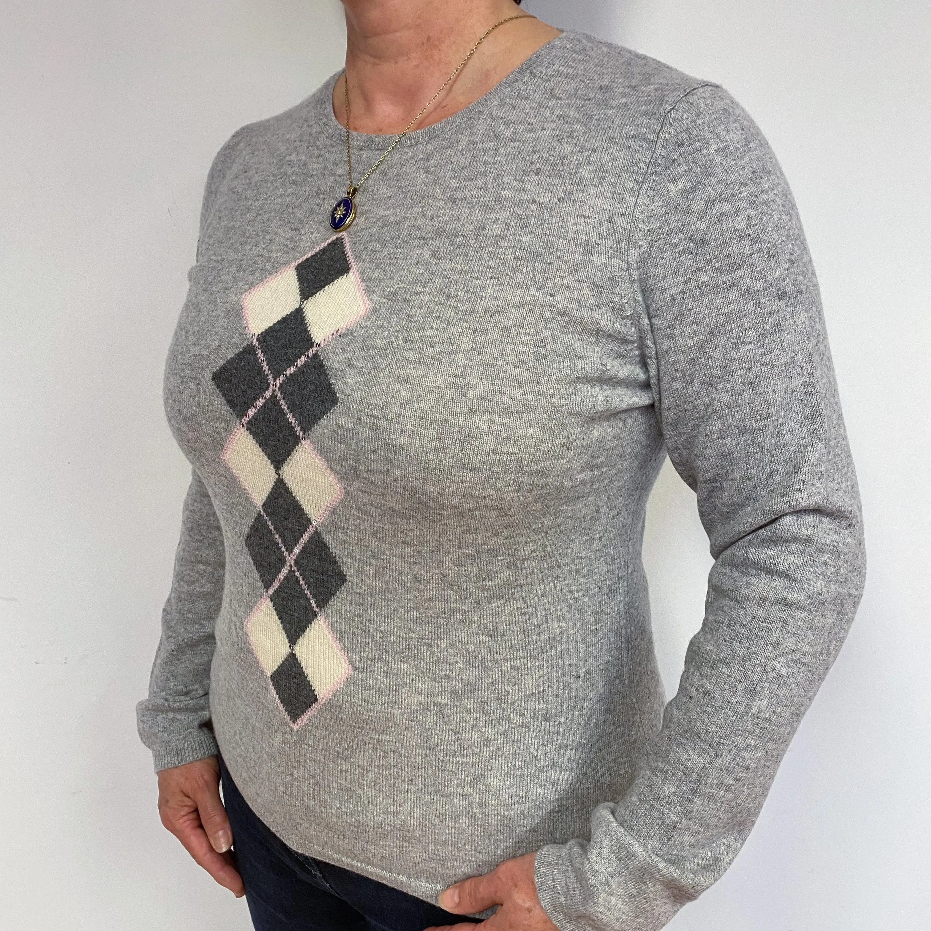 Smoke Grey Diamond Cashmere Crew Neck Jumper Large