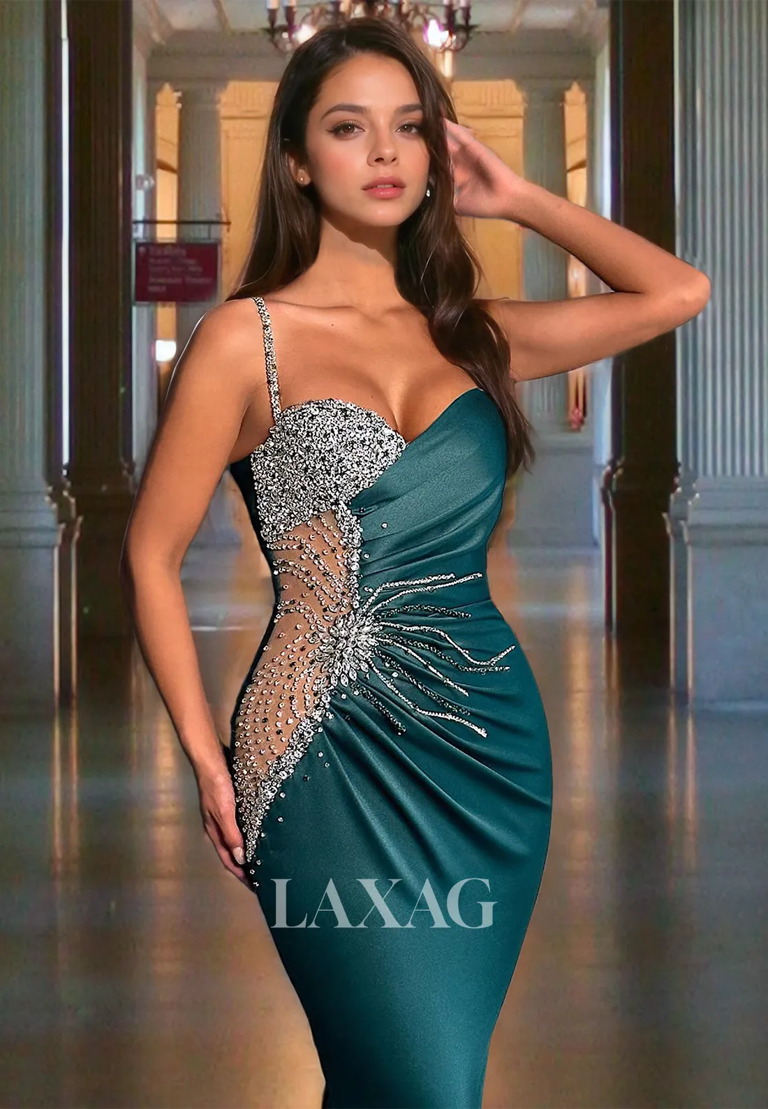 Spaghetti Straps Sweetheart Sleeveless Party Gowns Off-Shoulder Beaded Pleated Mermaid Prom Dress