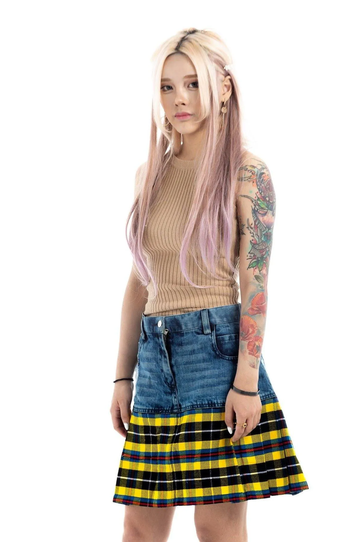 Straight Mini Denim Tartan Skirt
