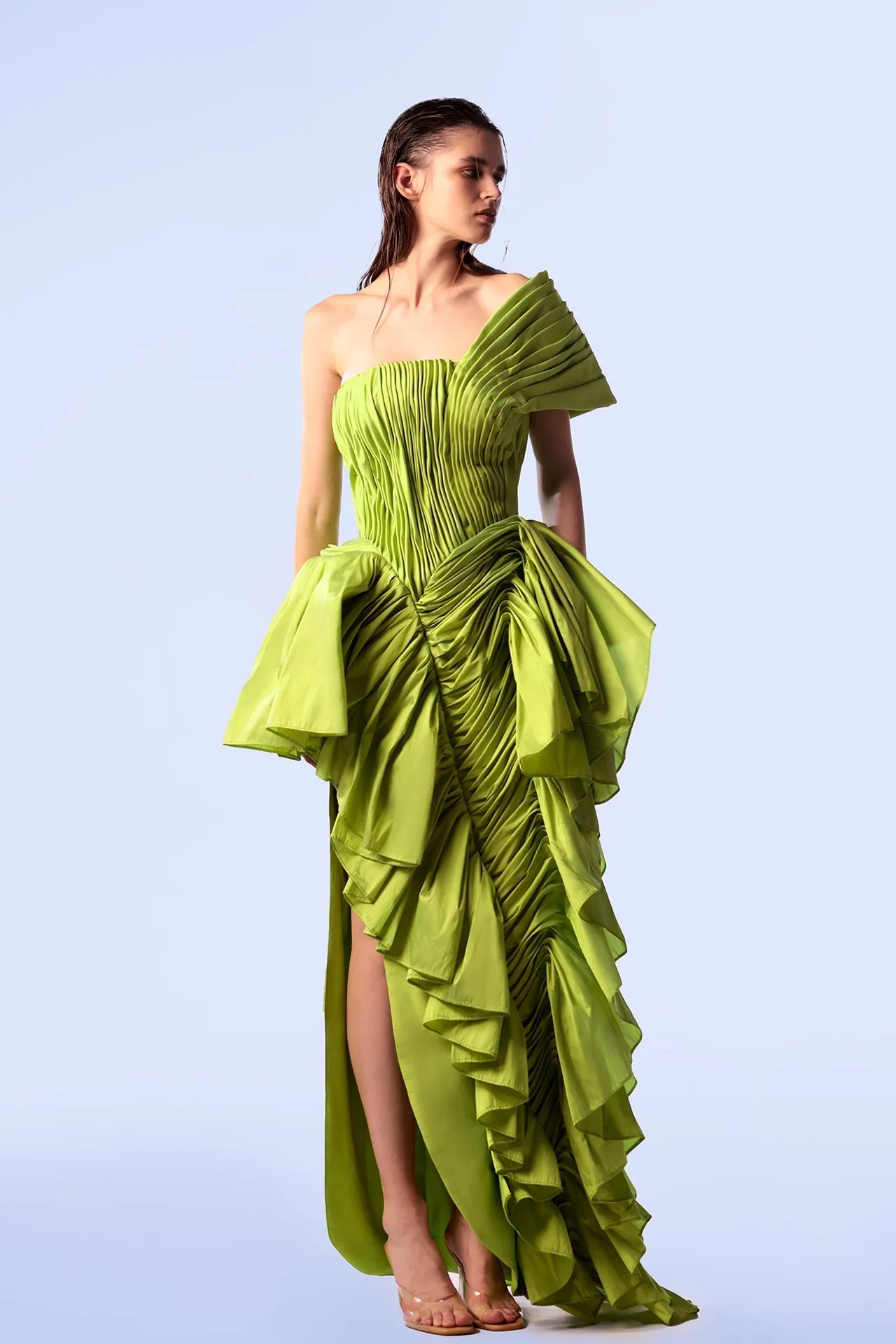 Taffeta One-Shoulder Draped Dress with Ruffles