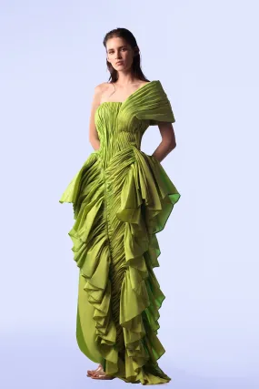 Taffeta One-Shoulder Draped Dress with Ruffles